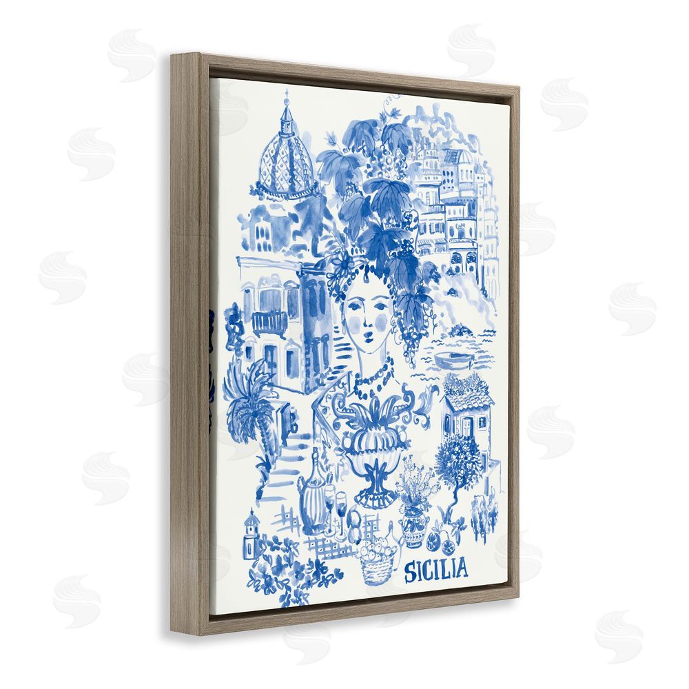 Karolina Sato Sicilia City In Blue Brown Floating Framed Canvas Wall Art Print