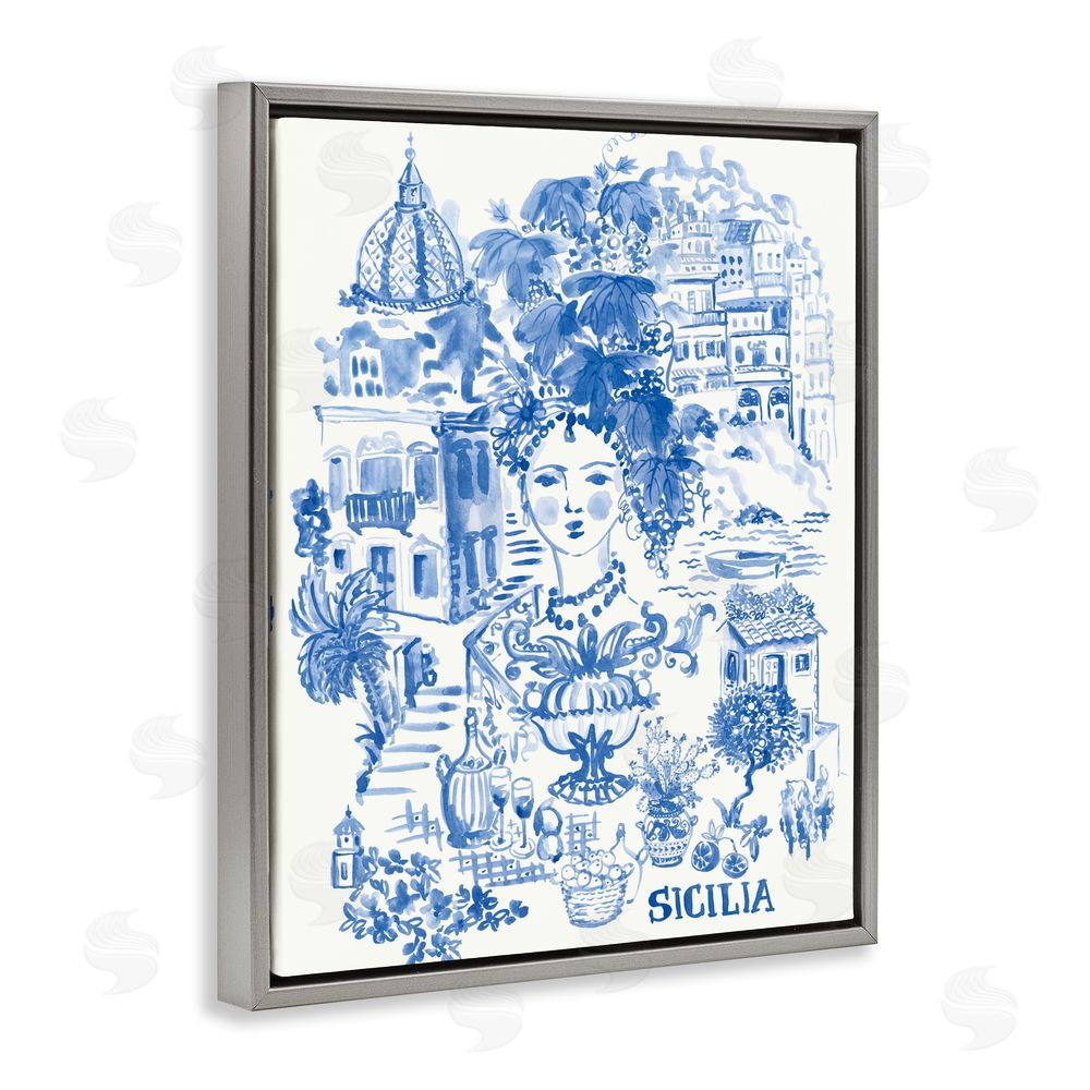Karolina Sato Sicilia City In Blue Gray Floating Framed Canvas Wall Art Print