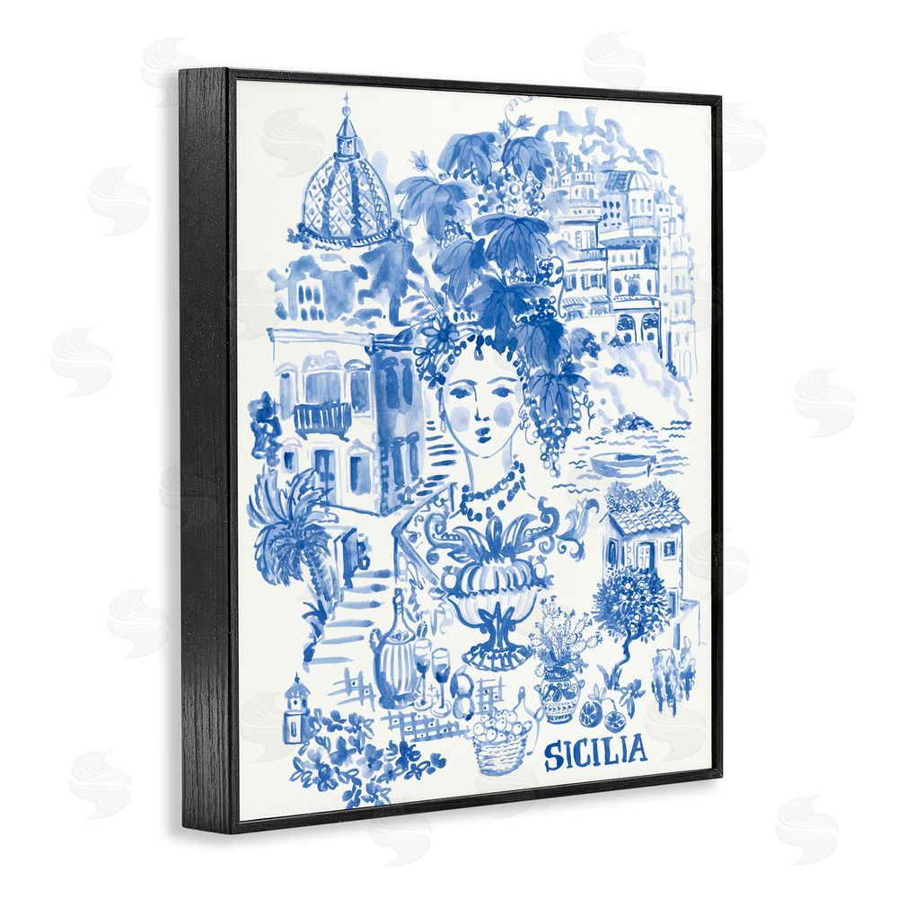 Karolina Sato Sicilia City In Blue Black Framed Giclee Wall Art Print