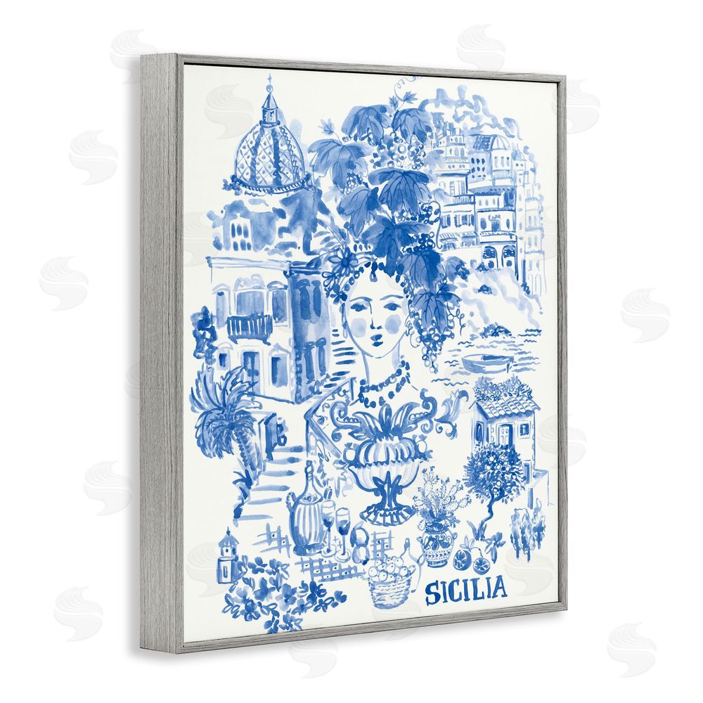 Karolina Sato Sicilia City In Blue Gray Framed Giclee Wall Art Print