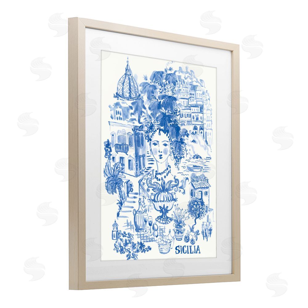 Karolina Sato Sicilia City In Blue Brown Framed Print Under Glass with White Mat Wall Art