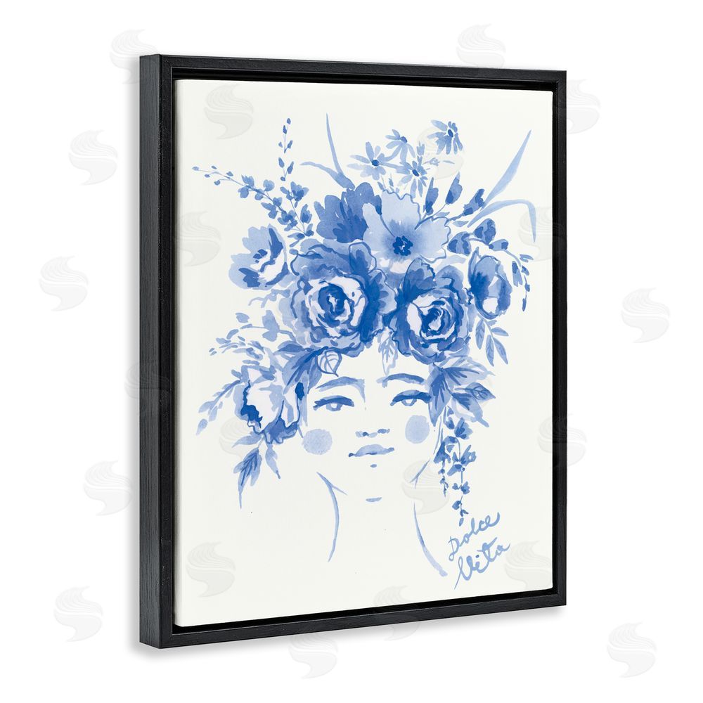Karolina Sato Dolce Vita Woman with Roses Black Floating Frame Canvas Wall Art Print