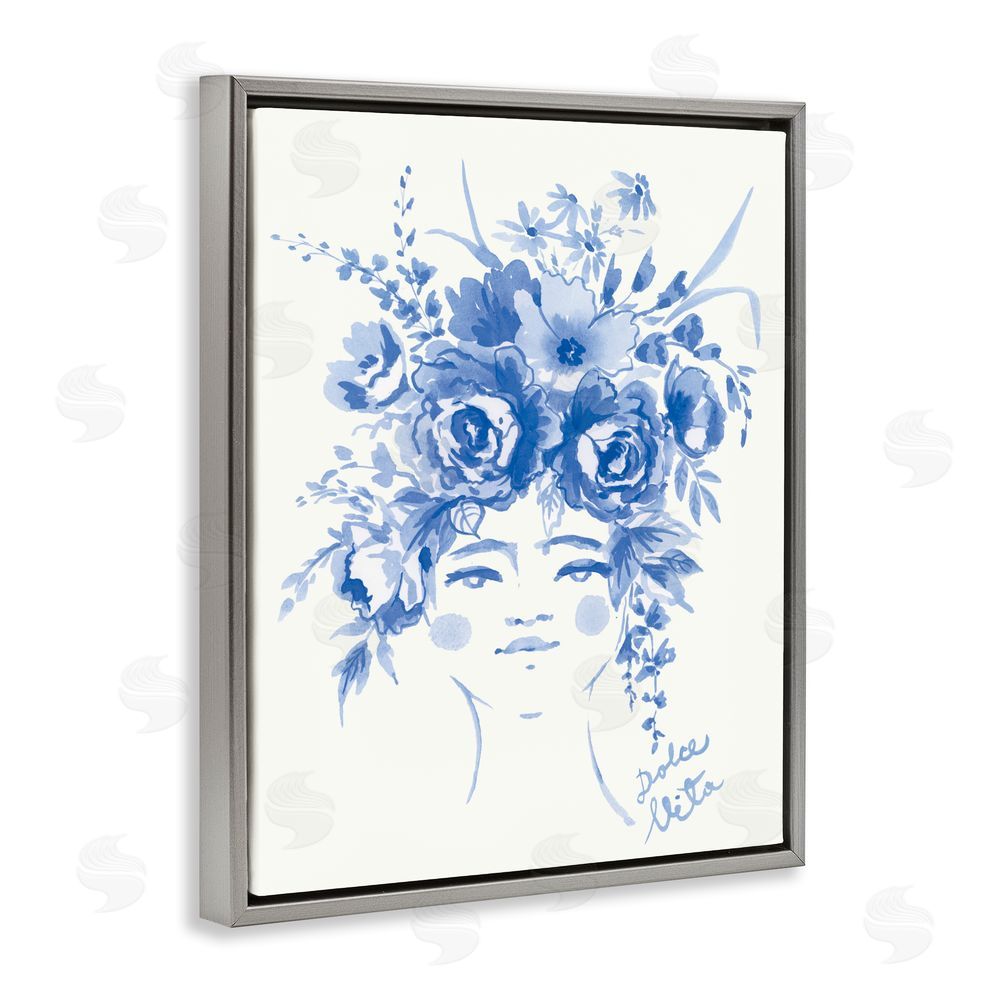 Karolina Sato Dolce Vita Woman with Roses Gray Floating Frame Canvas Wall Art Print