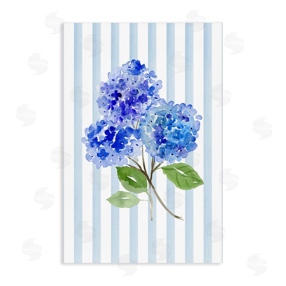 Corinne Haig Blue Hydrangeas over Stripes Stretched Canvas Wall Art Print