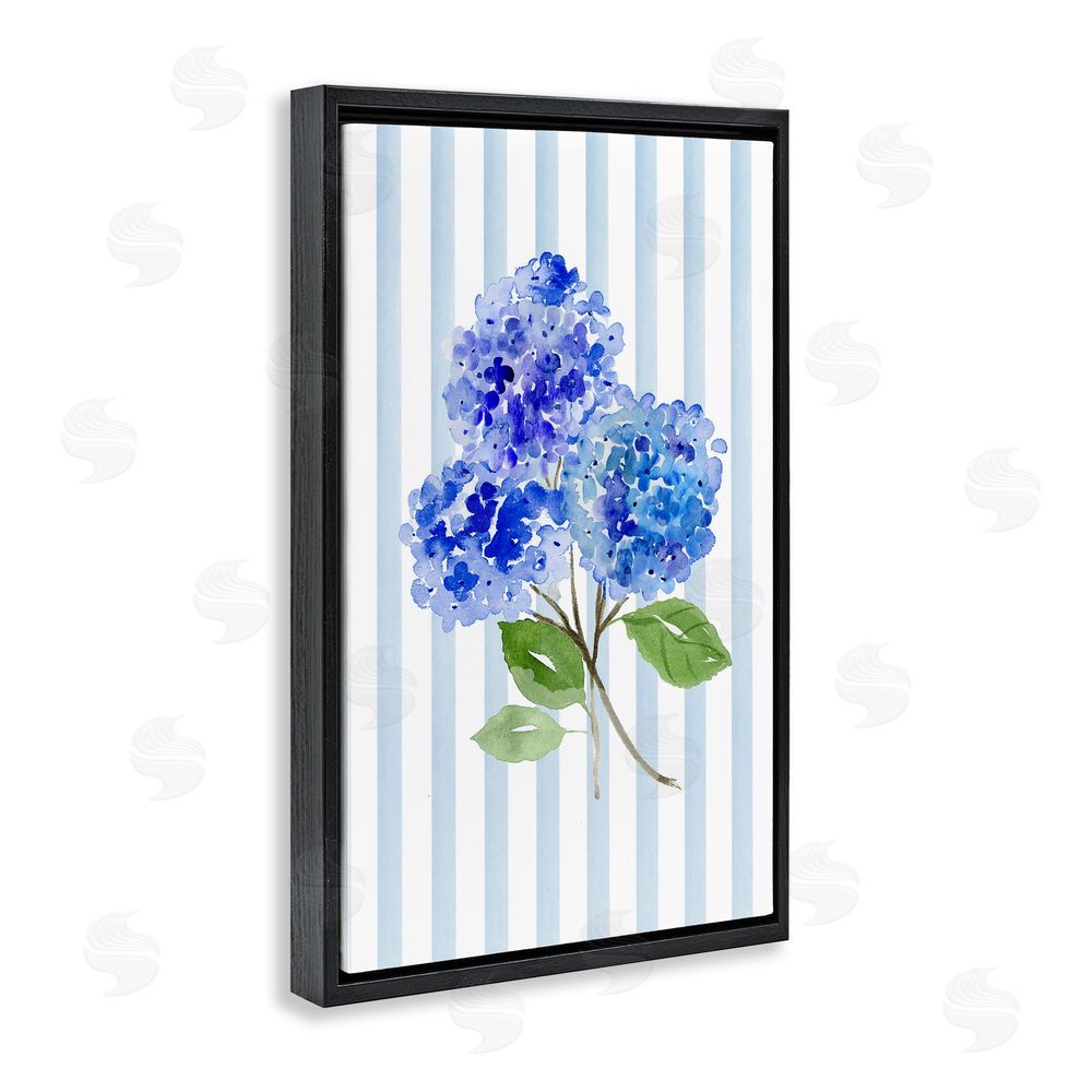 Corinne Haig Blue Hydrangeas over Stripes Black Floating Frame Stretched Canvas Wall Art Print