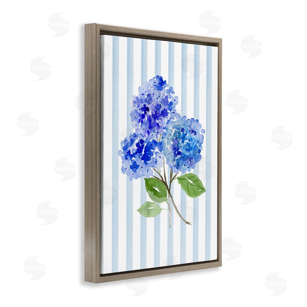 Corinne Haig Blue Hydrangeas over Stripes Brown Floating Frame Stretched Canvas Wall Art Print