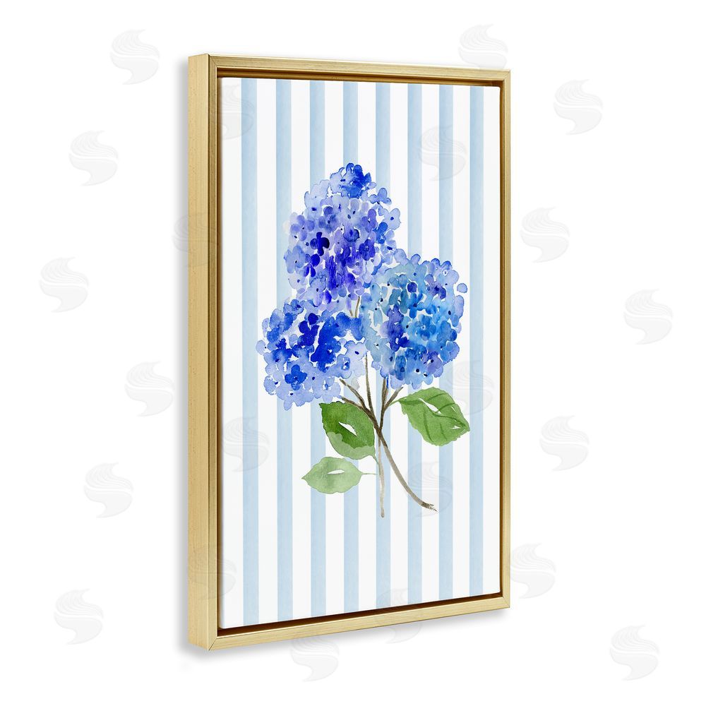 Corinne Haig Blue Hydrangeas over Stripes Gold Floating Frame Stretched Canvas Wall Art Print
