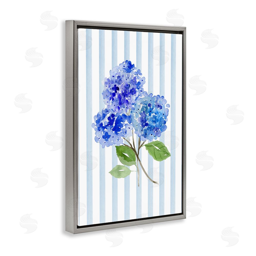 Corinne Haig Blue Hydrangeas over Stripes Gray Floating Frame Stretched Canvas Wall Art Print