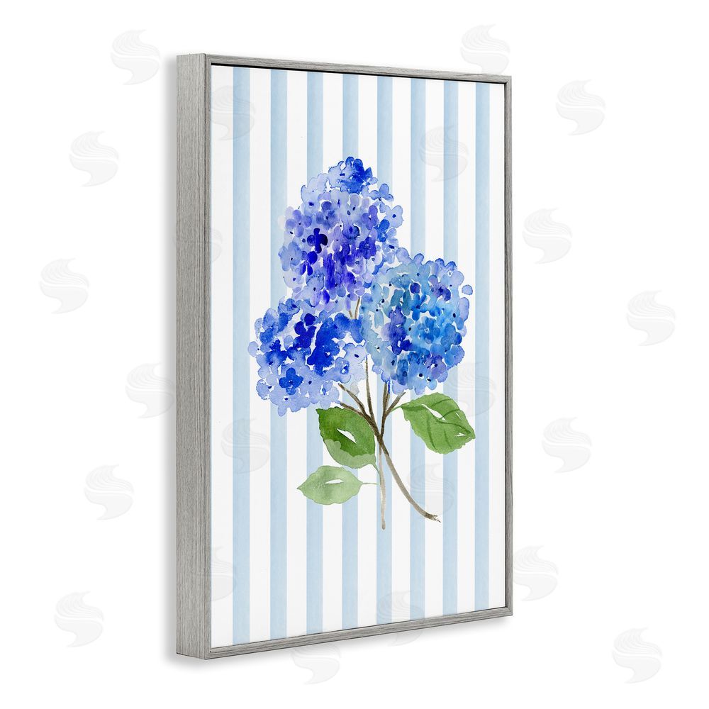 Corinne Haig Blue Hydrangeas over Stripes Gray Framed Giclee Wall Art Print