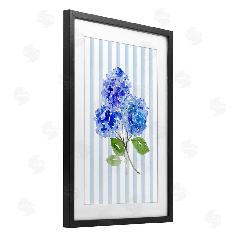 Corinne Haig Blue Hydrangeas over Stripes Black Framed Print Under Glass with Matting Wall Art