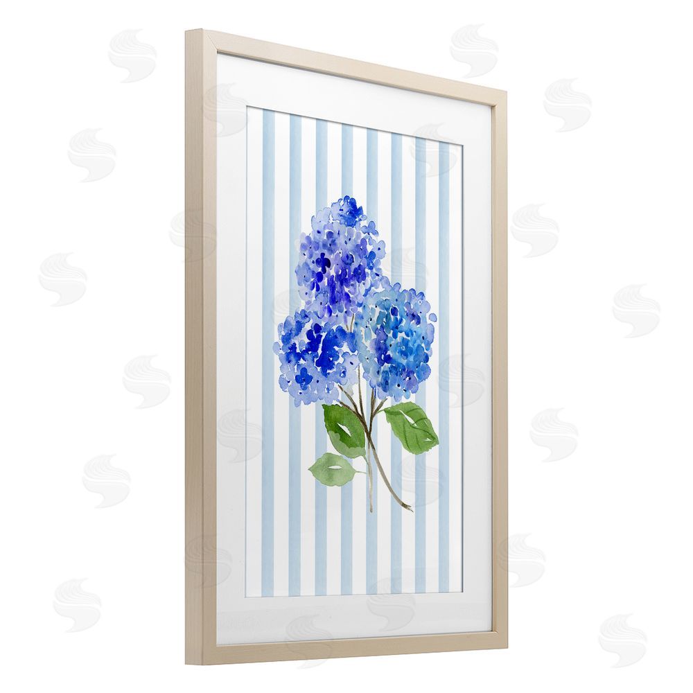 Corinne Haig Blue Hydrangeas over Stripes Brown Framed Print Under Glass with Matting Wall Art