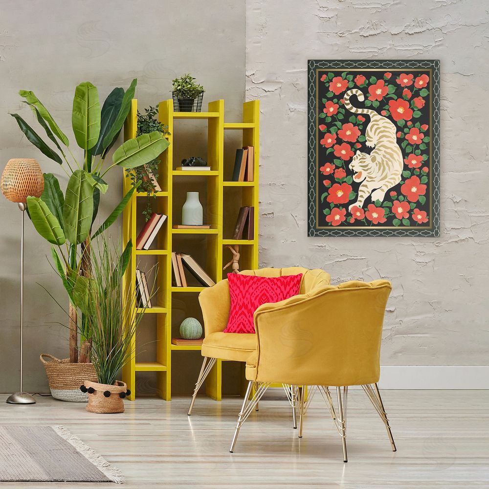 Karolina Sato Ivory Tiger Among Camelias Stretched Canvas Wall Art in Room