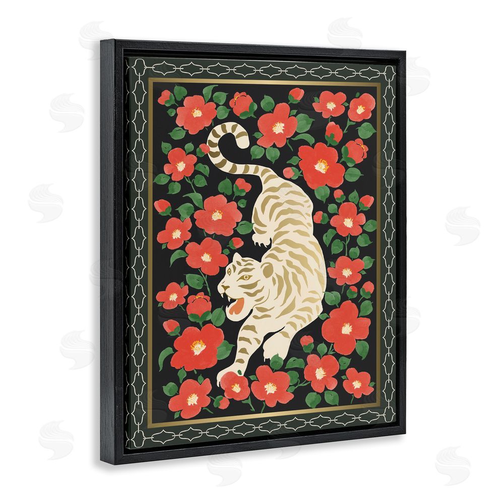 Karolina Sato Ivory Tiger Among Camelias Black Floating Framed Canvas Wall Art