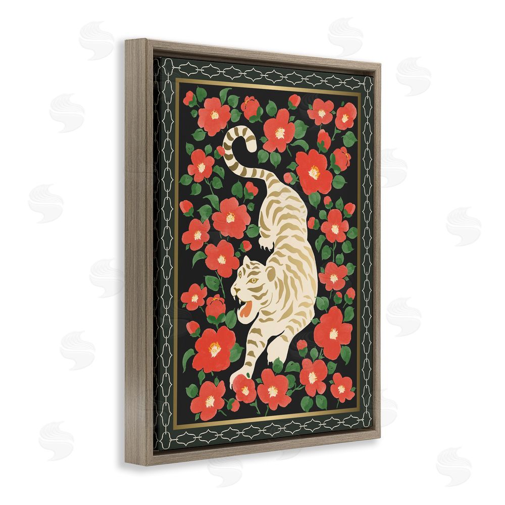 Karolina Sato Ivory Tiger Among Camelias Brown Floating Framed Canvas Wall Art