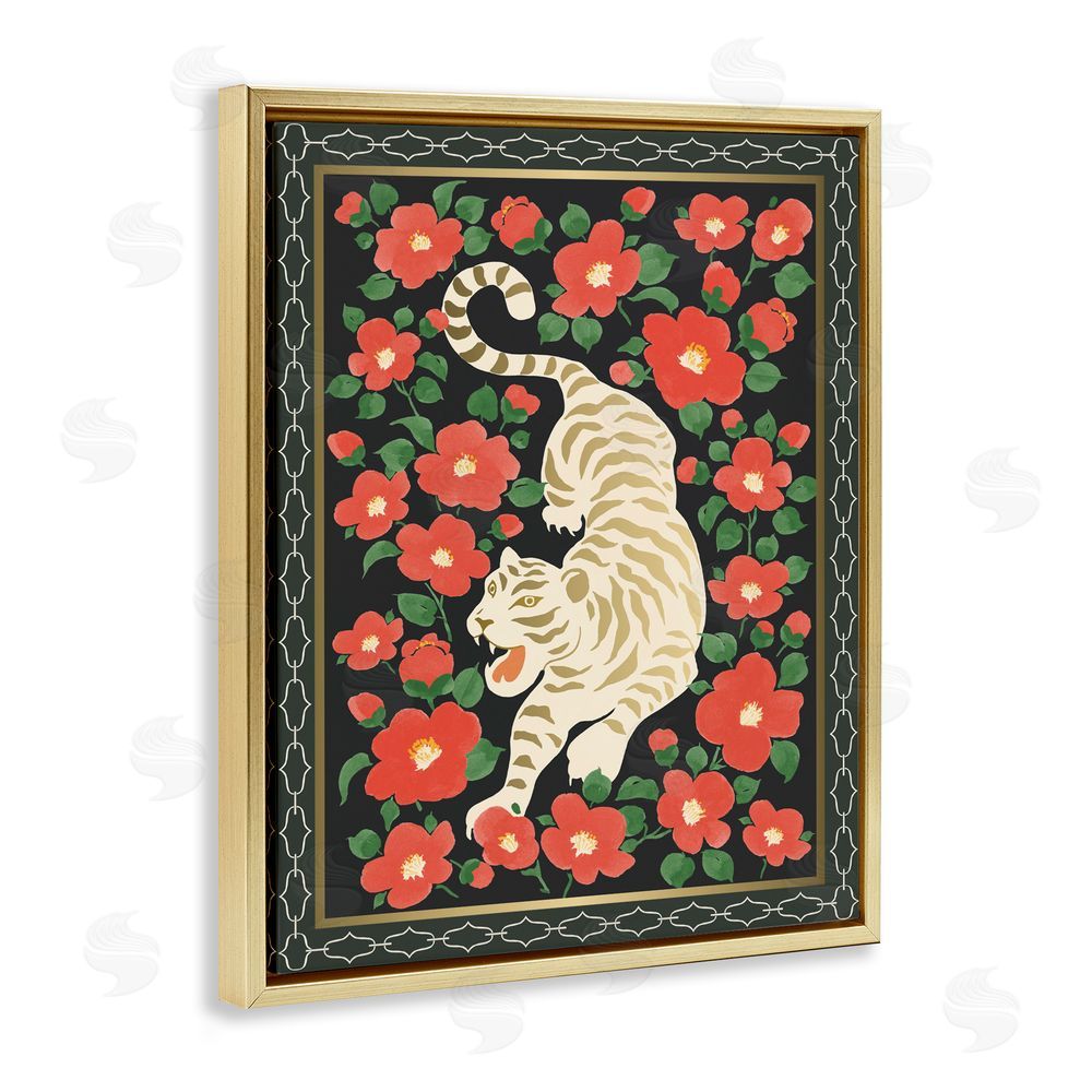 Karolina Sato Ivory Tiger Among Camelias Gold Floating Framed Canvas Wall Art