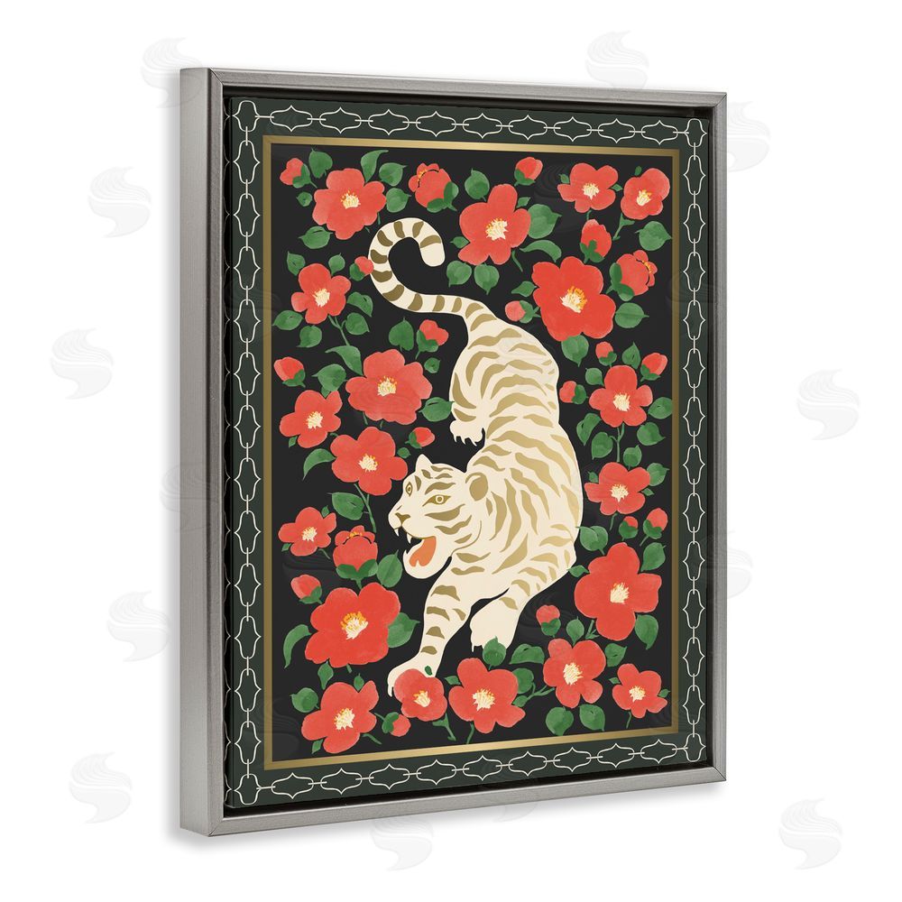 Karolina Sato Ivory Tiger Among Camelias Gray Floating Framed Canvas Wall Art