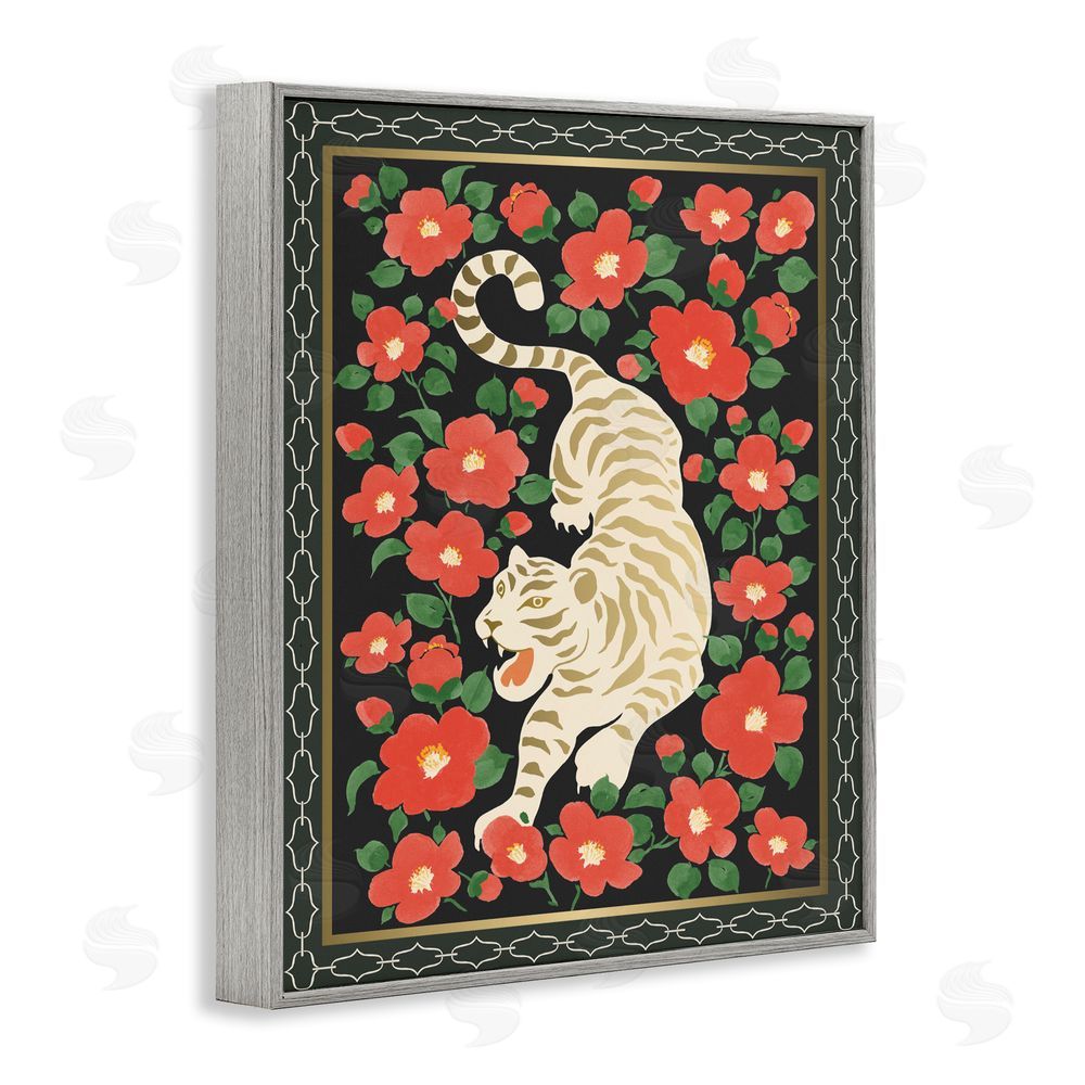 Karolina Sato Ivory Tiger Among Camelias Gray Framed Giclee Wall Art