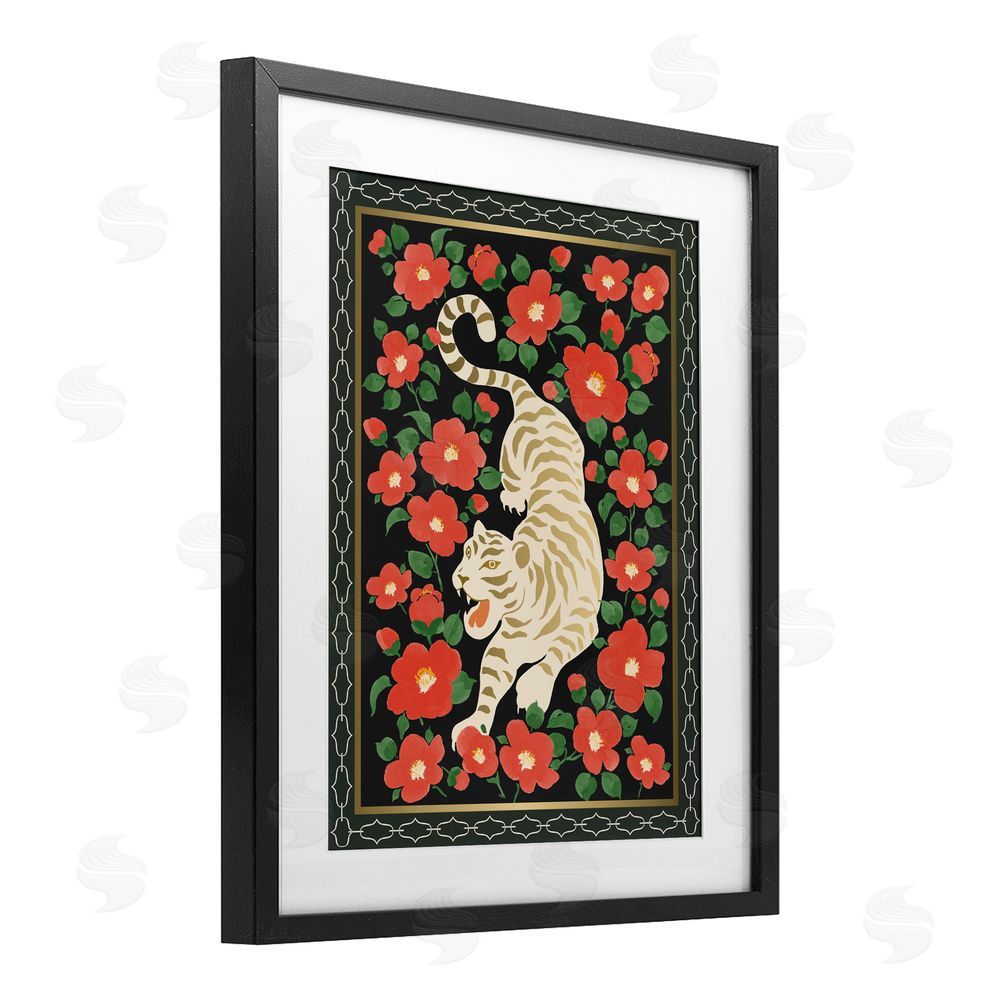 Karolina Sato Ivory Tiger Among Camelias Black Framed Print Under Glass Wall Art
