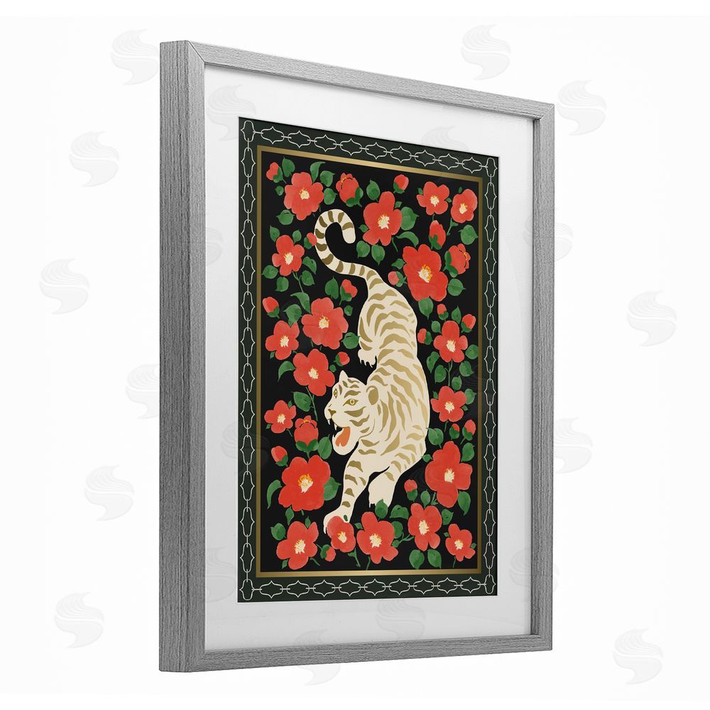 Karolina Sato Ivory Tiger Among Camelias Gray Framed Print Under Glass Wall Art
