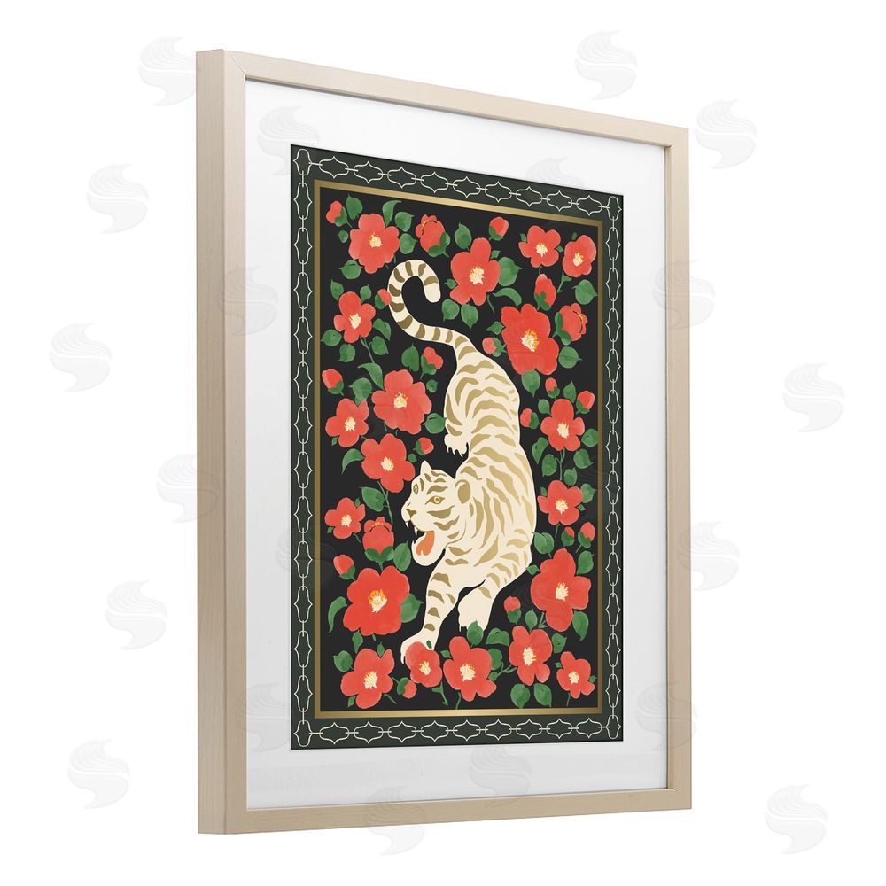 Karolina Sato Ivory Tiger Among Camelias Brown Framed Print Under Glass Wall Art