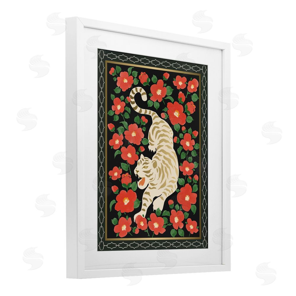 Karolina Sato Ivory Tiger Among Camelias White Framed Print Under Glass Wall Art