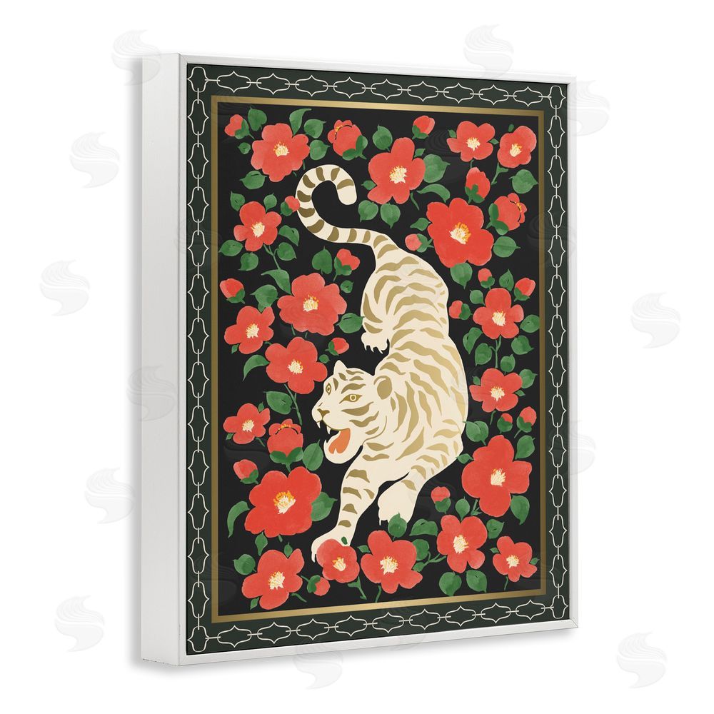Karolina Sato Ivory Tiger Among Camelias White Framed Giclee Wall Art