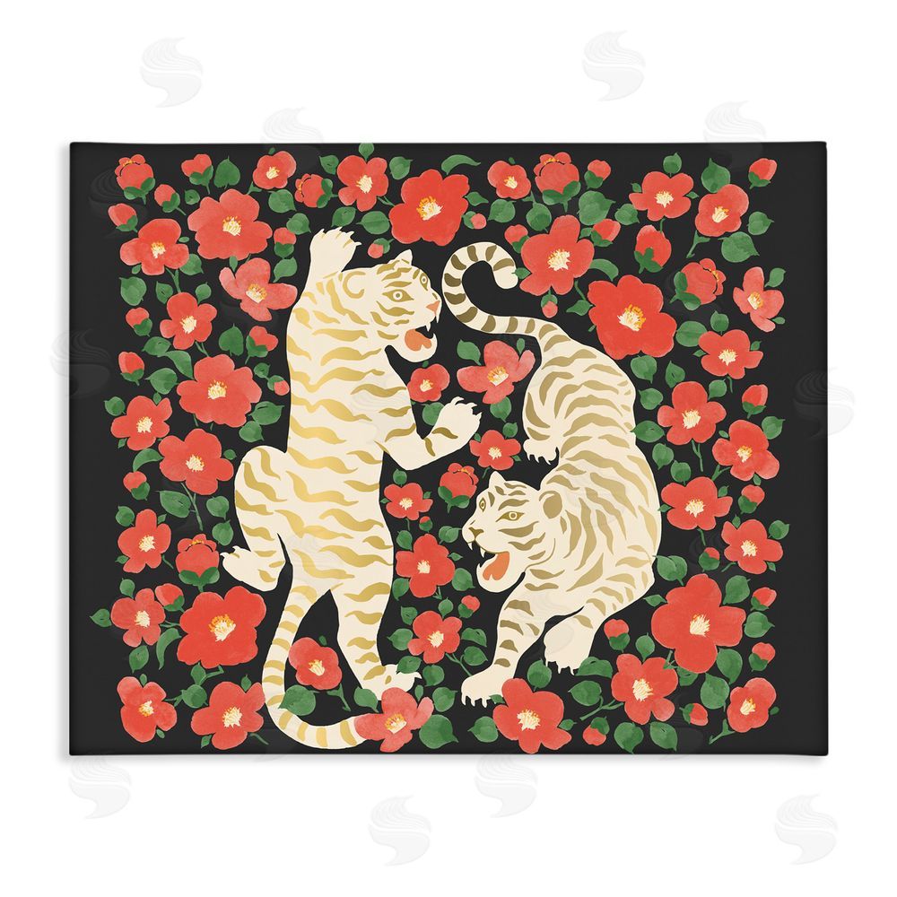 Karolina Sato Ivory Twin Tigers Among Flowers Stretched Canvas Wall Art