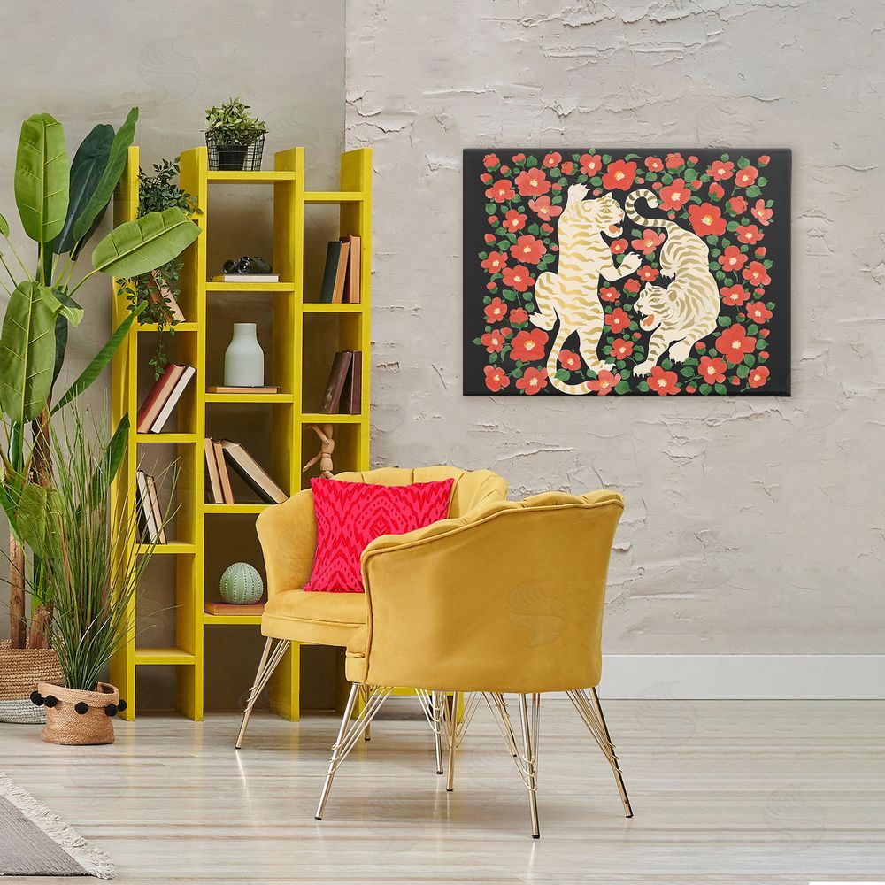 Karolina Sato Ivory Twin Tigers Among Flowers Stretched Canvas Wall Art in Room