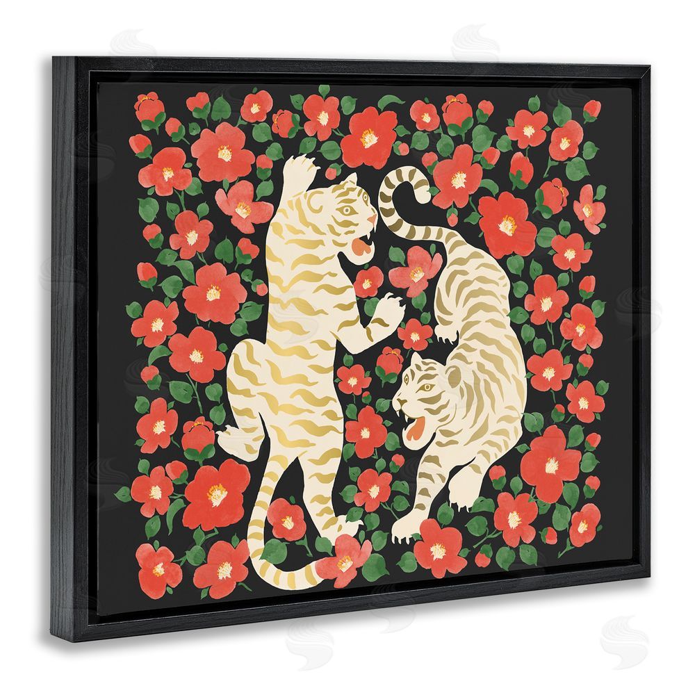 Karolina Sato Ivory Twin Tigers Among Flowers Black Floating Framed Canvas Wall Art