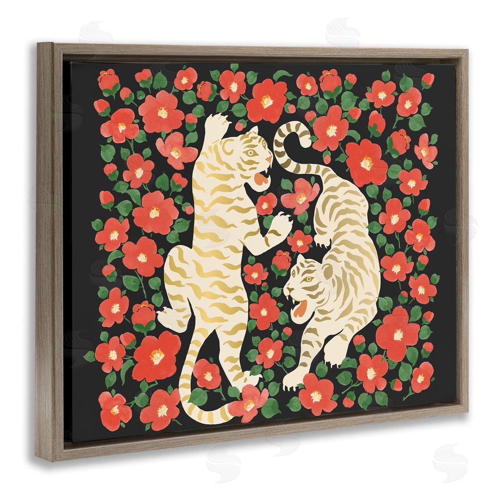 Karolina Sato Ivory Twin Tigers Among Flowers Brown Floating Framed Canvas Wall Art
