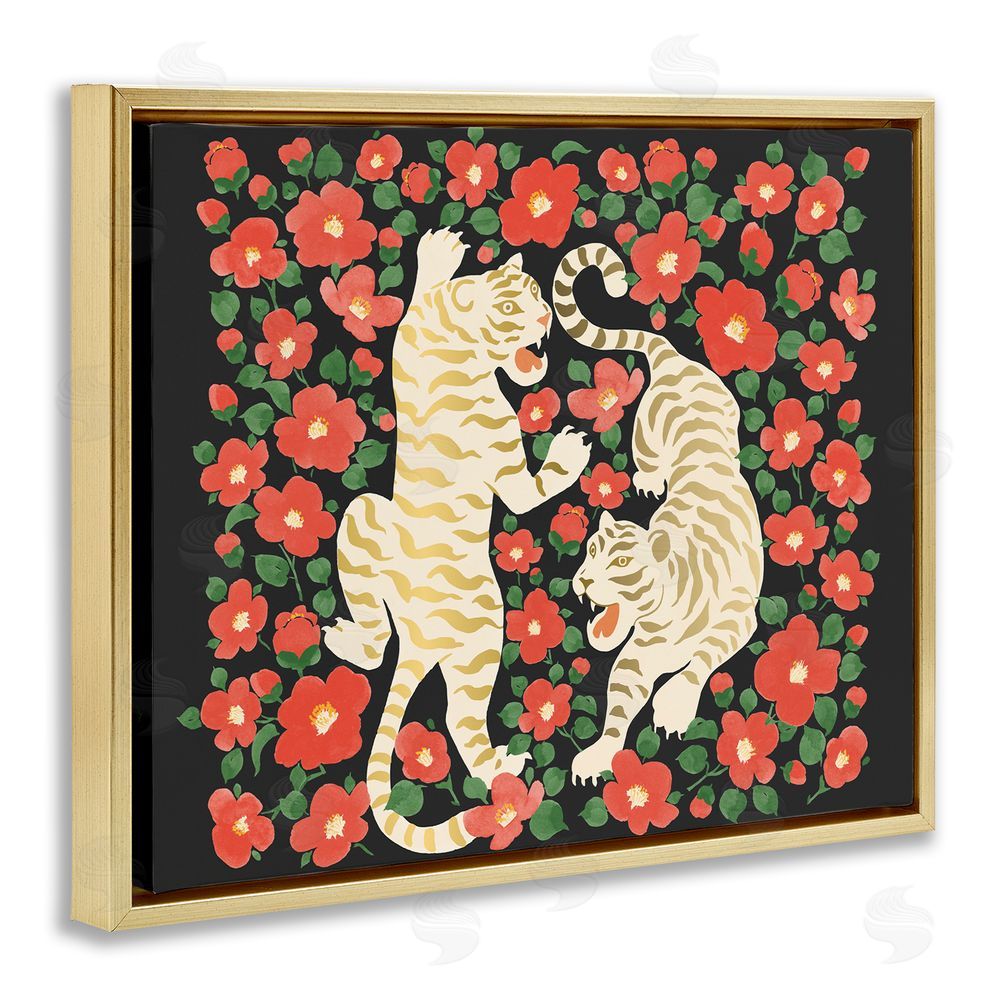 Karolina Sato Ivory Twin Tigers Among Flowers Gold Floating Framed Canvas Wall Art