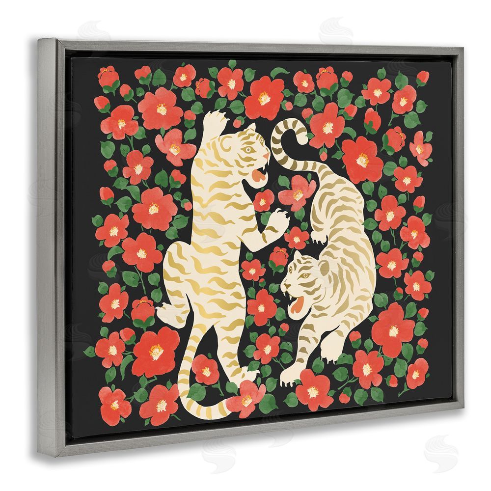 Karolina Sato Ivory Twin Tigers Among Flowers Gray Floating Framed Canvas Wall Art