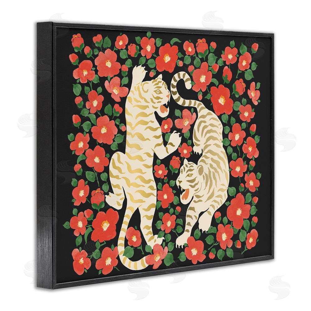 Karolina Sato Ivory Twin Tigers Among Flowers Black Framed Giclee Wall Art