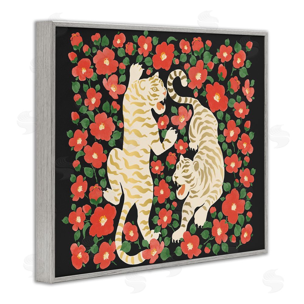Karolina Sato Ivory Twin Tigers Among Flowers Gray Framed Giclee Wall Art