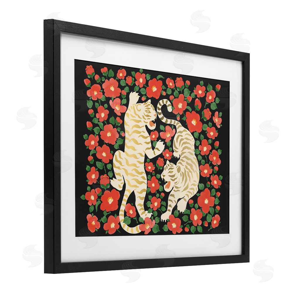 Karolina Sato Ivory Twin Tigers Among Flowers Black Framed Print Under Glass Wall Art
