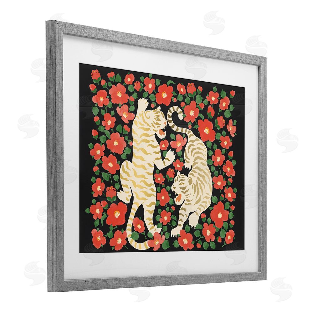 Karolina Sato Ivory Twin Tigers Among Flowers Gray Framed Print Under Glass Wall Art