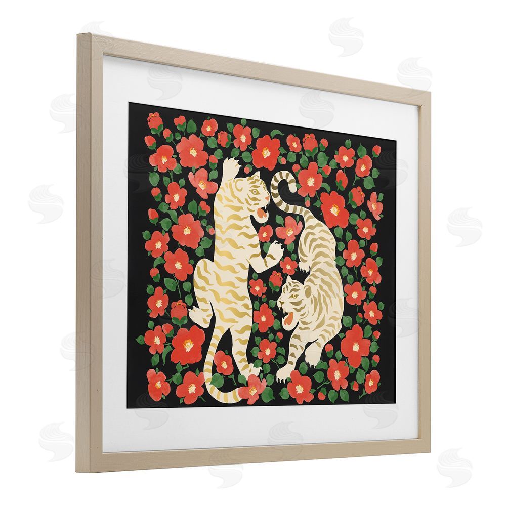 Karolina Sato Ivory Twin Tigers Among Flowers Brown Framed Print Under Glass Wall Art