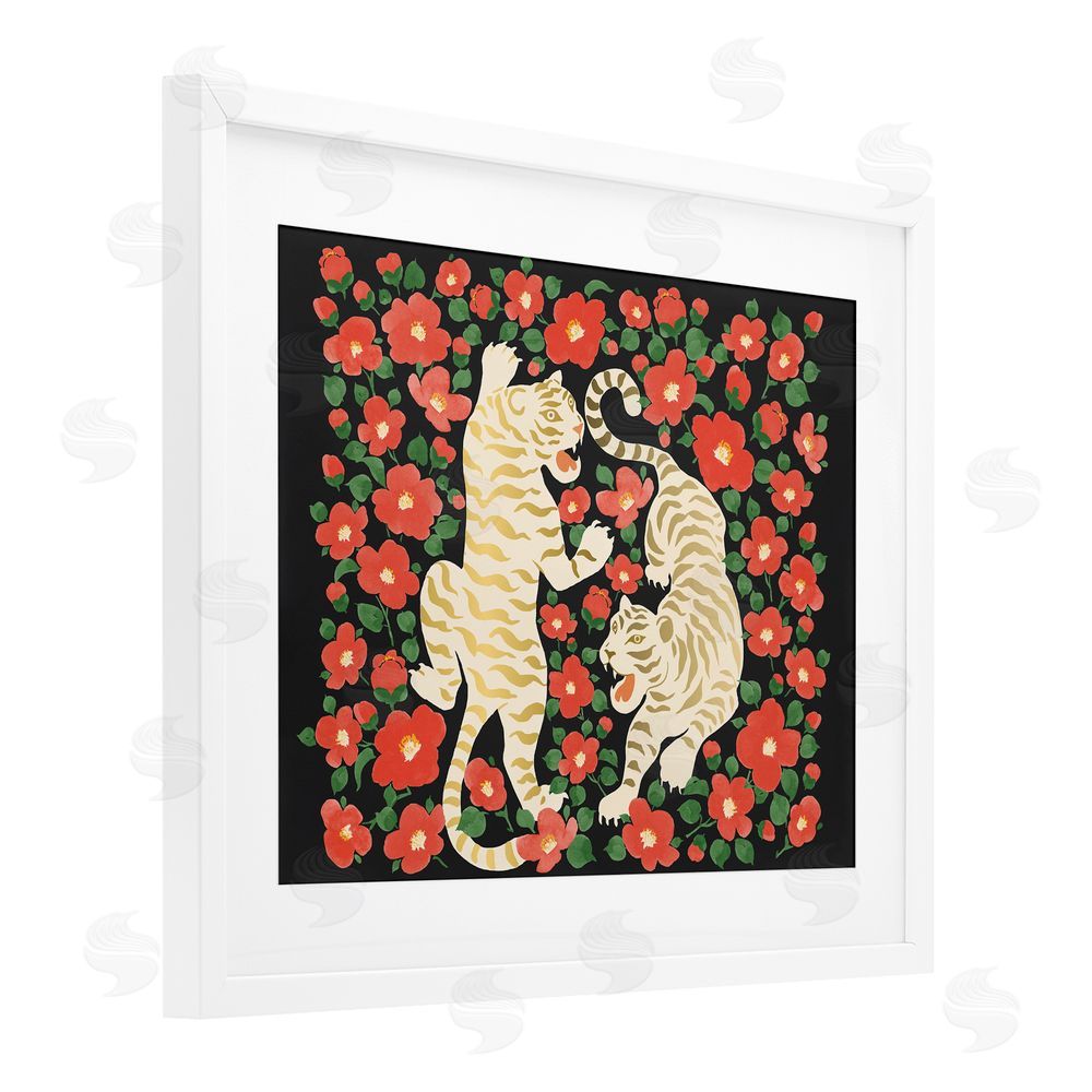 Karolina Sato Ivory Twin Tigers Among Flowers White Framed Print Under Glass Wall Art