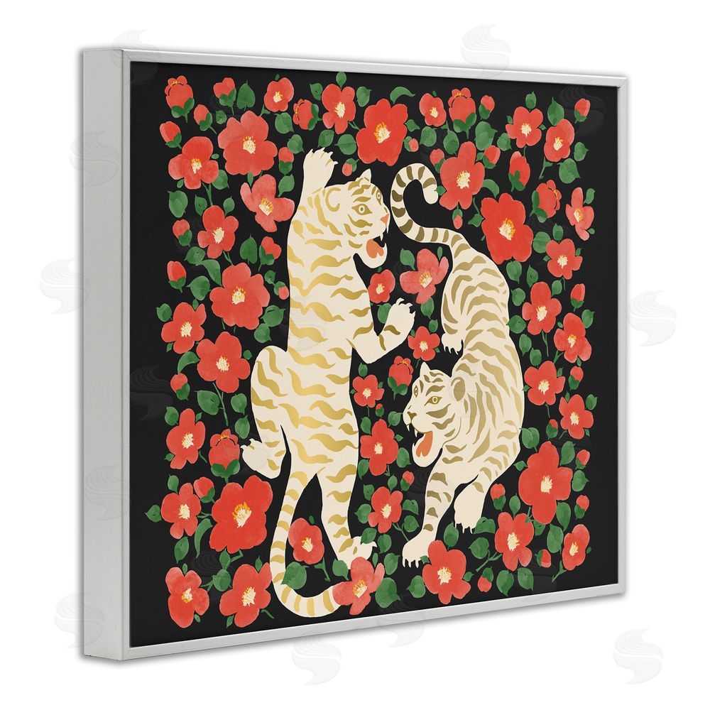 Karolina Sato Ivory Twin Tigers Among Flowers White Framed Giclee Wall Art