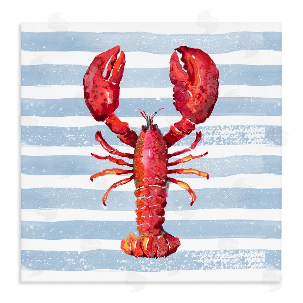 Patricia Pinto Red Lobster on Blue Stripes Stretched Canvas Wall Art