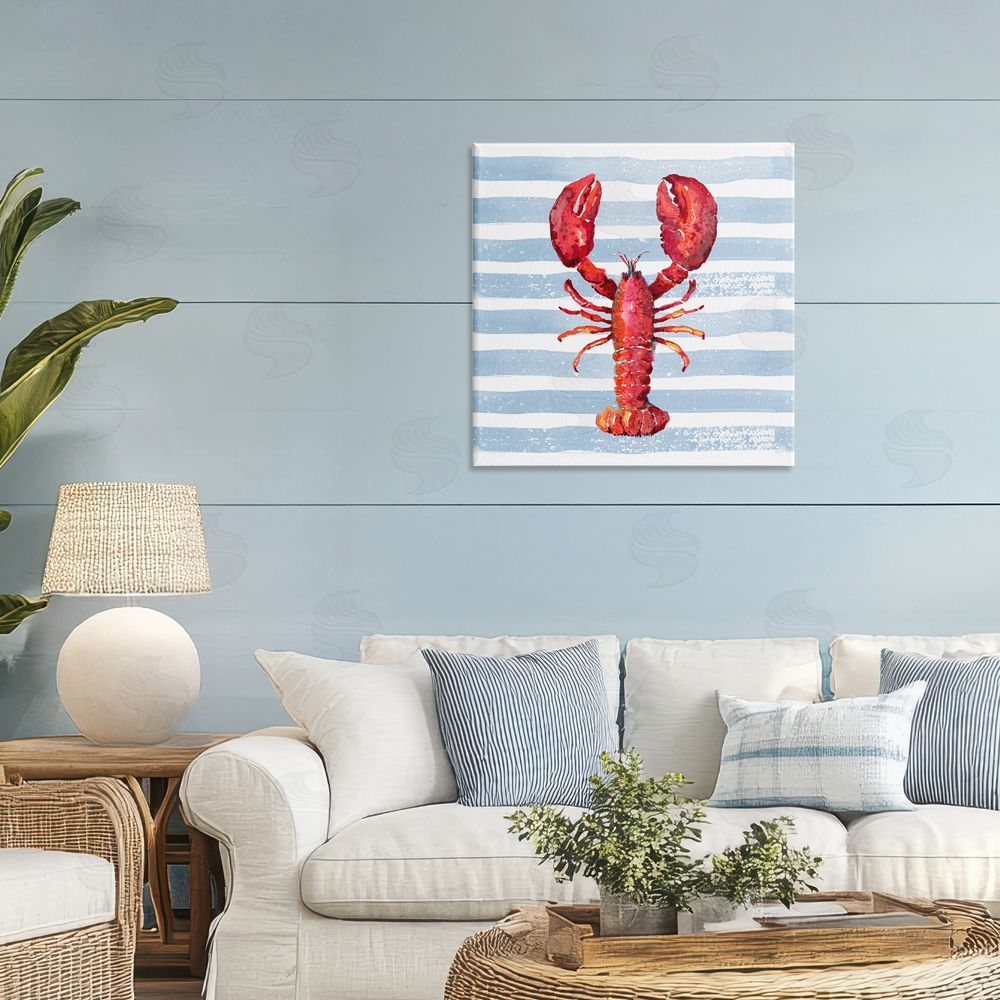 Patricia Pinto Red Lobster on Blue Stripes Stretched Canvas Wall Art in Room
