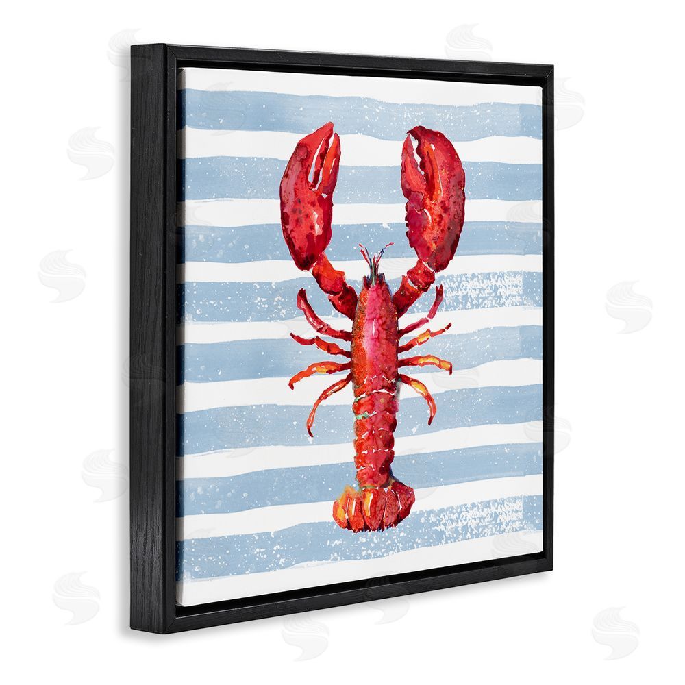 Patricia Pinto Red Lobster on Blue Stripes Black Floating Framed Canvas Wall Art