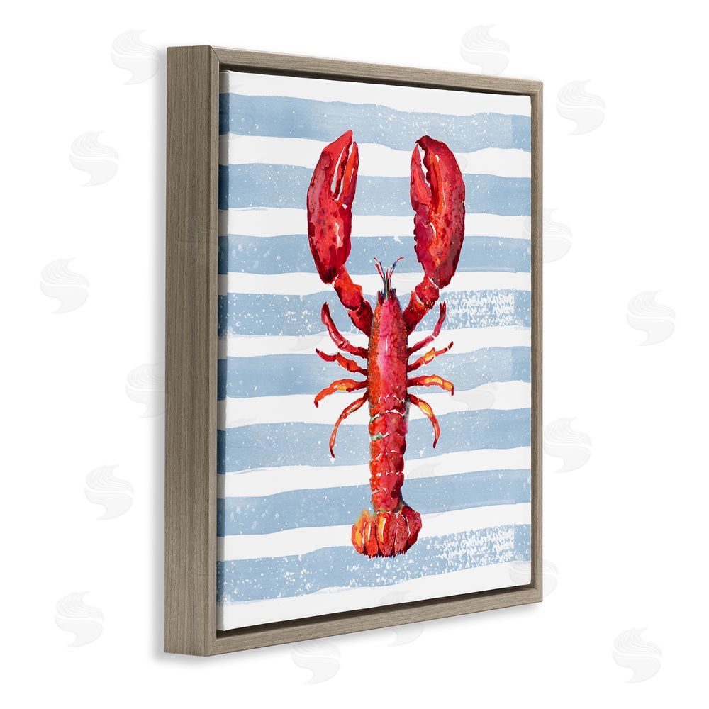 Patricia Pinto Red Lobster on Blue Stripes Brown Floating Framed Canvas Wall Art