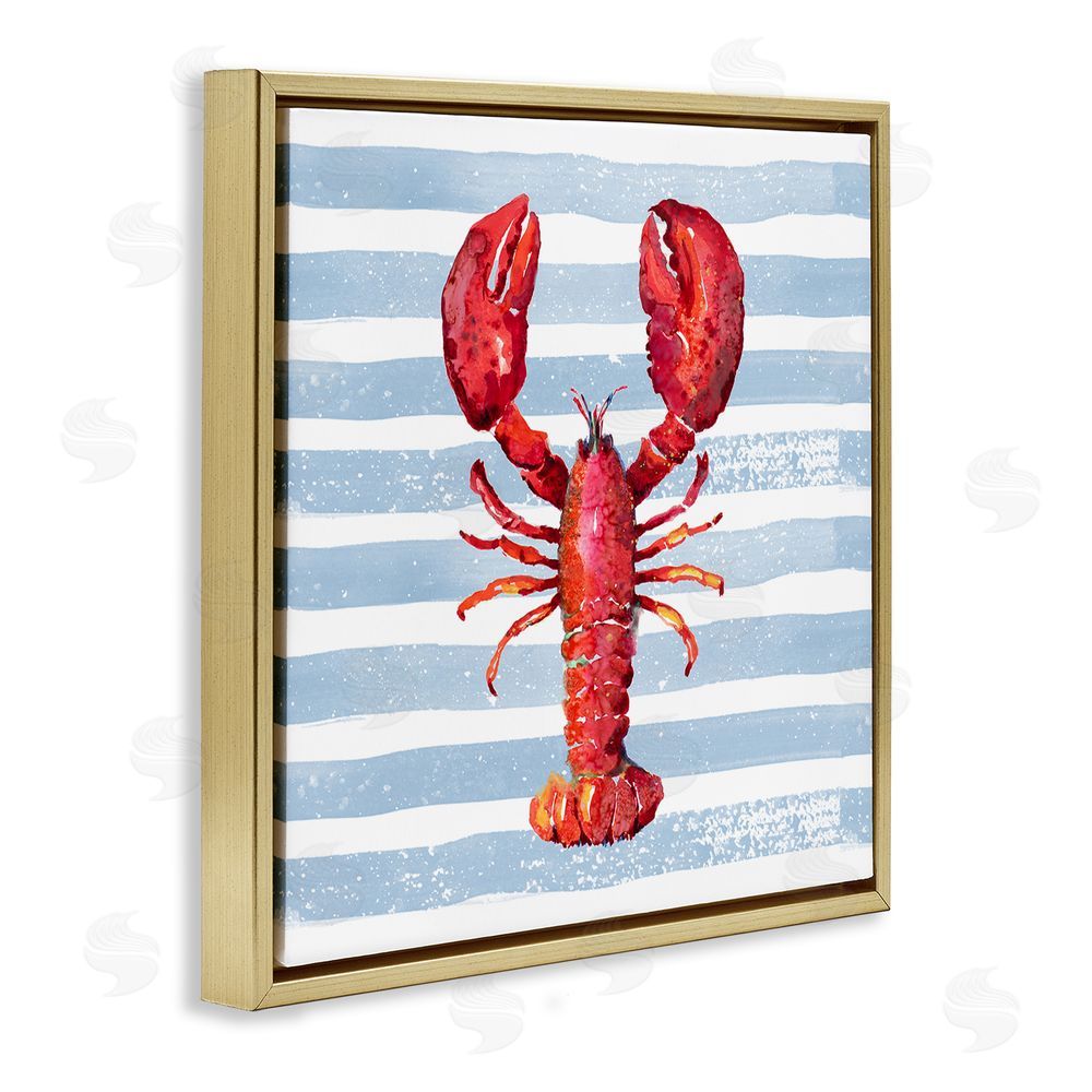Patricia Pinto Red Lobster on Blue Stripes Gold Floating Framed Canvas Wall Art
