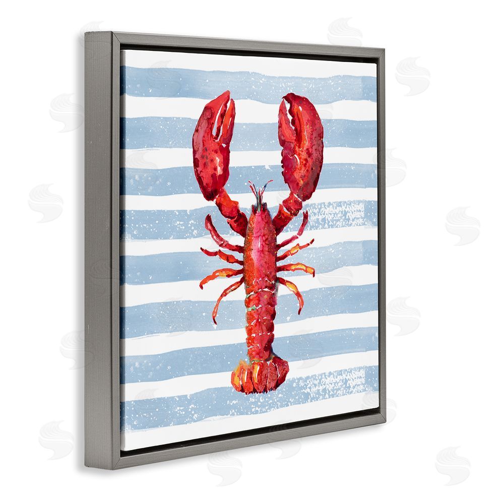 Patricia Pinto Red Lobster on Blue Stripes Gray Floating Framed Canvas Wall Art