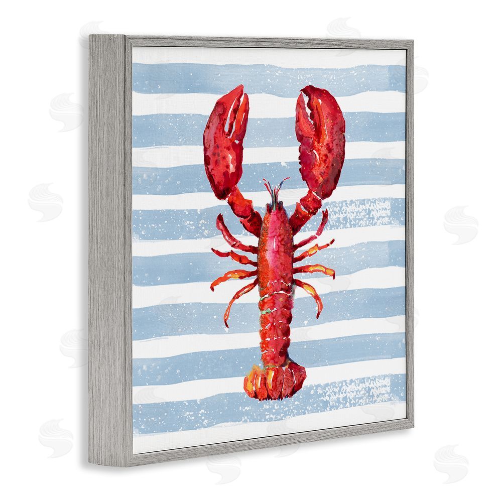 Patricia Pinto Red Lobster on Blue Stripes Gray Framed Giclee Wall Art