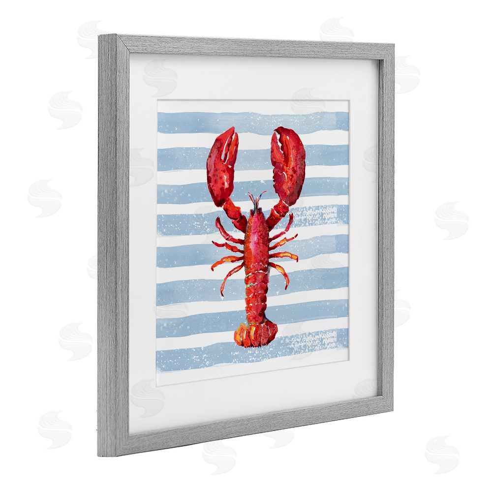 Patricia Pinto Red Lobster on Blue Stripes Gray Framed Print Under Glass Wall Art