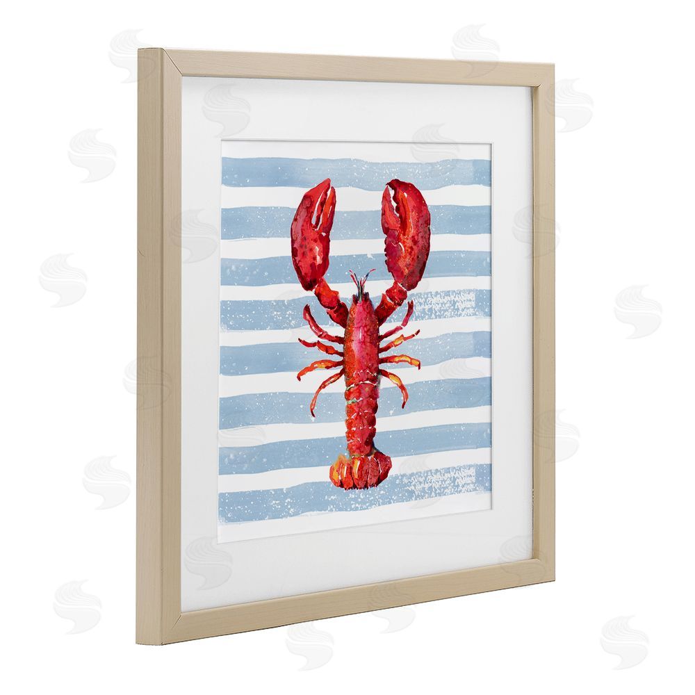 Patricia Pinto Red Lobster on Blue Stripes Brown Framed Print Under Glass Wall Art