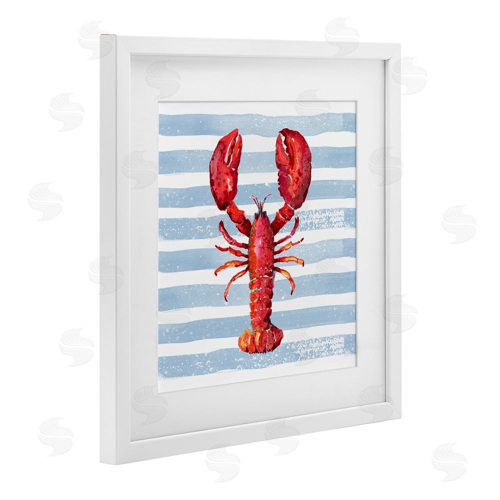 Patricia Pinto Red Lobster on Blue Stripes White Framed Print Under Glass Wall Art