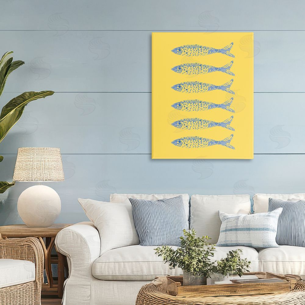 Julie DeRice Sardine Stamps on Yellow Stretched Canvas on Wall